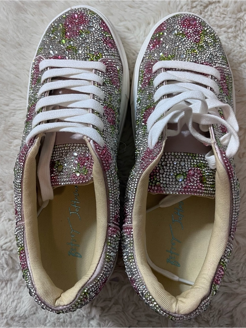 Betsey Johnson sneakers  Womens 7 White Floral Jeweled Slip On Shoes - Picture 2 of 7